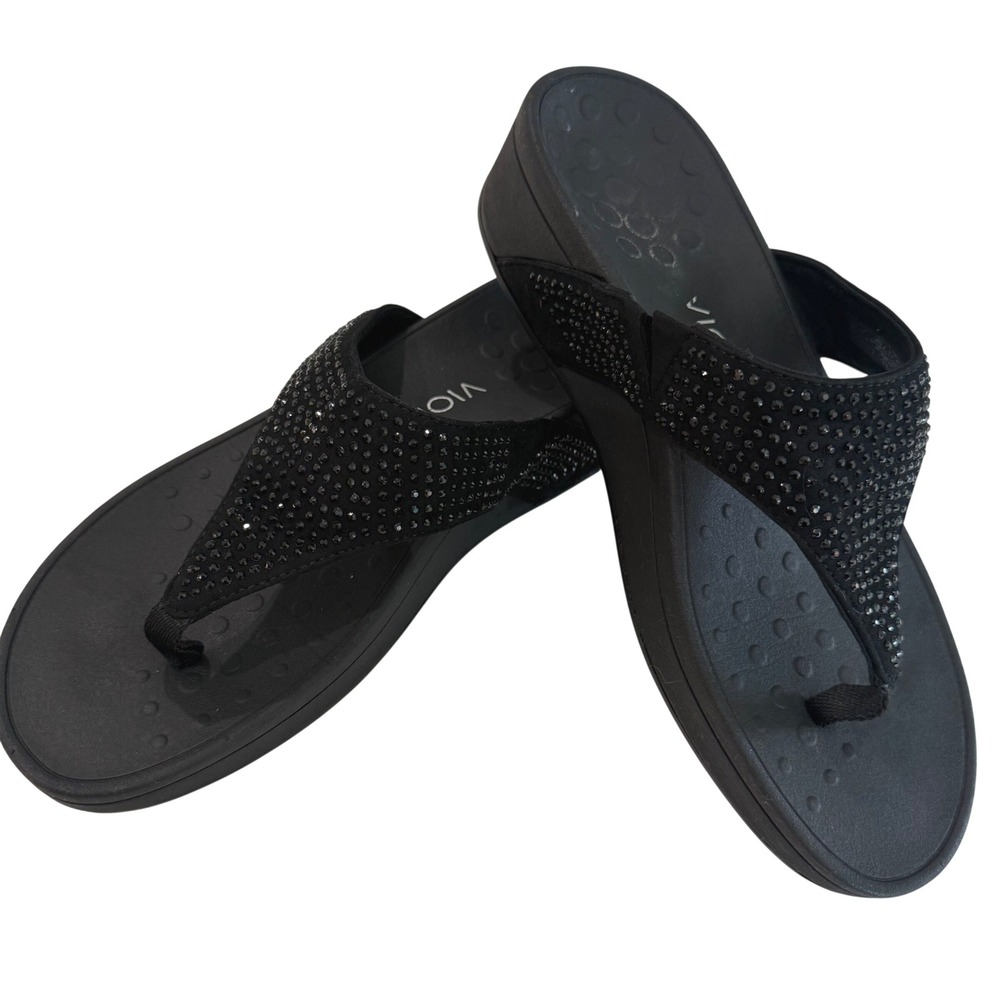 Vionic Black Rhinestone Orthotic Wedge Flip Flops Thong Sandals Womens 8 EU39